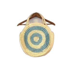 Lucca Straw Bag Round Summer Vacation Blue Cream Top Handle Paper NEW NWT